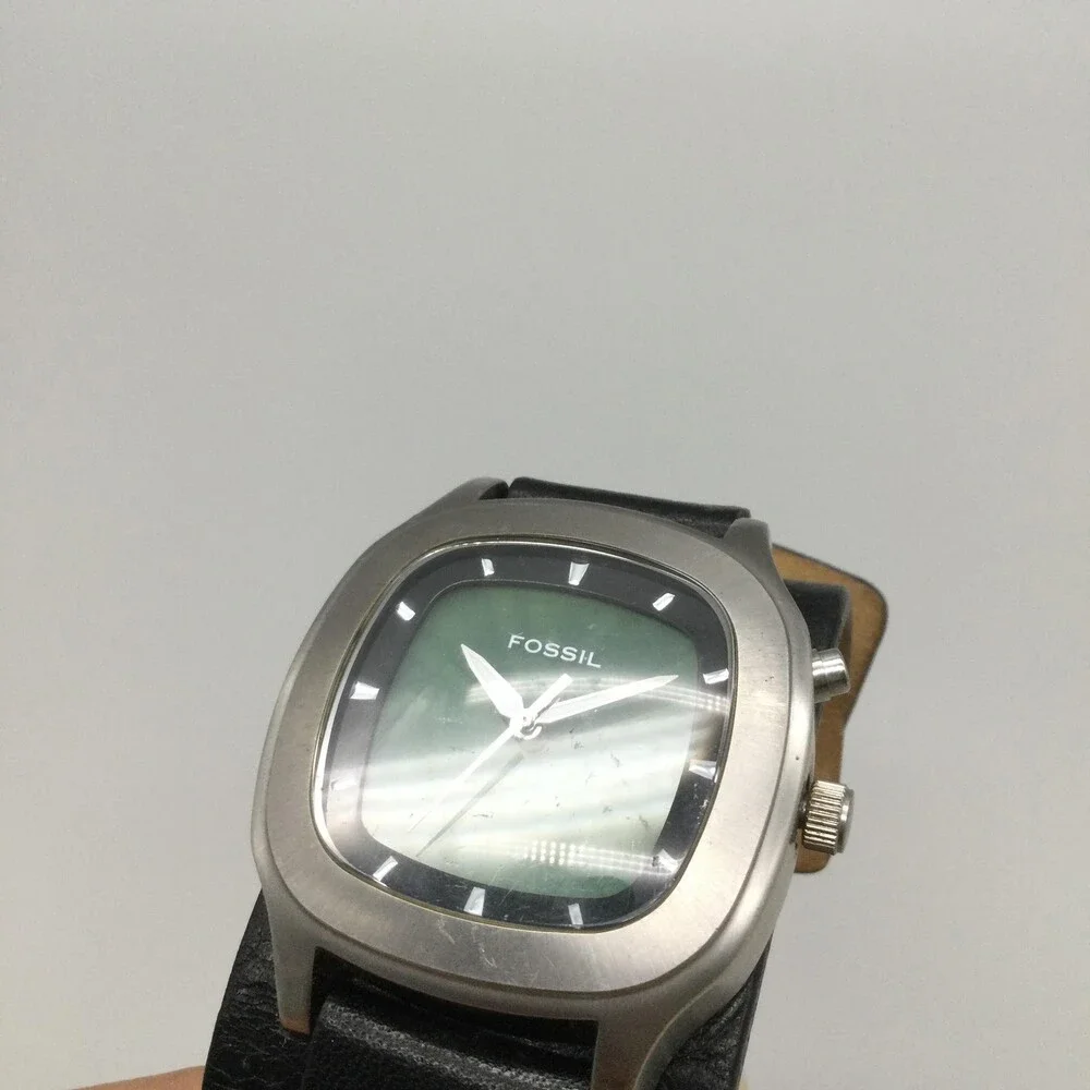 Fossil Big Tic Mens Watch 39mm Green Blue Dial Steel Black Leather New Battery